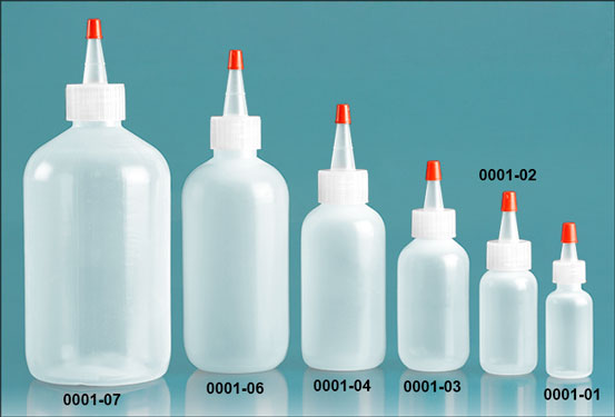 Plastic Bottles, Natural LDPE Boston Round Bottles w/ Spout Cap Red Tip, Caps Have .030 Hole