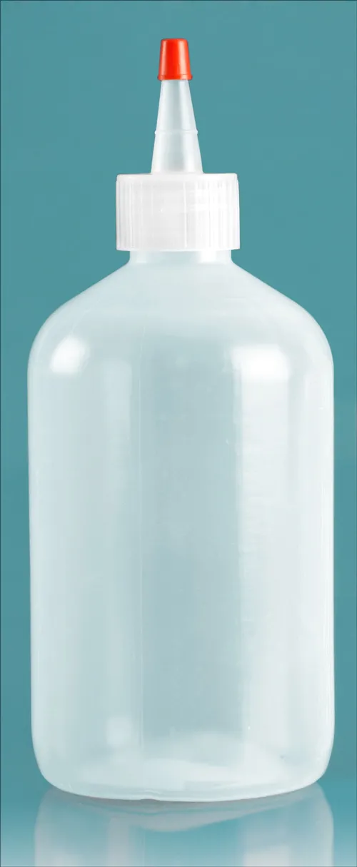 16 oz Natural LDPE Boston Round Bottles w/ Spout and Red Tip Cap