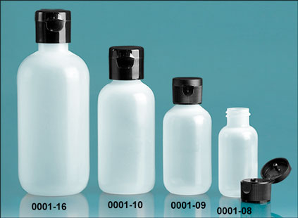 Plastic Bottles, Natural LDPE Boston Round Bottles w/ Black Ribbed Or Smooth Snap Caps