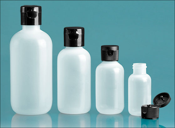LDPE Plastic Bottles, Natural Boston Round Bottles w/ Black Ribbed or Smooth Snap Caps