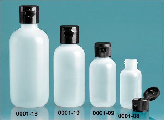 Plastic Bottles, Natural LDPE Boston Round Bottles w/ Black Ribbed Or Smooth Snap Caps