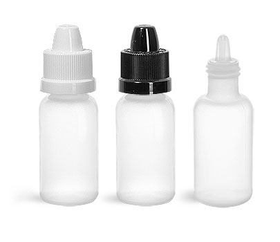 Plastic Bottles, Natural LDPE Boston Round Bottles w/ Dropper Tip Inserts and Ribbed Child Resistant Caps