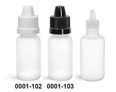 Plastic Bottles, Natural LDPE Boston Round Bottles w/ Dropper Tip Inserts and Ribbed Child Resistant Caps