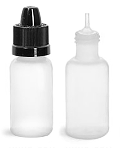 Plastic Bottles, Natural LDPE Boston Round Bottles w/ Thin Dropper Tip Plugs and Child Resistant Caps