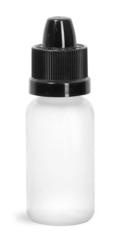 1/2 oz w/ Black Cap Plastic Bottles, Natural LDPE Boston Rounds w/ Thin Dropper Tip Plugs and Child Resistant Caps
