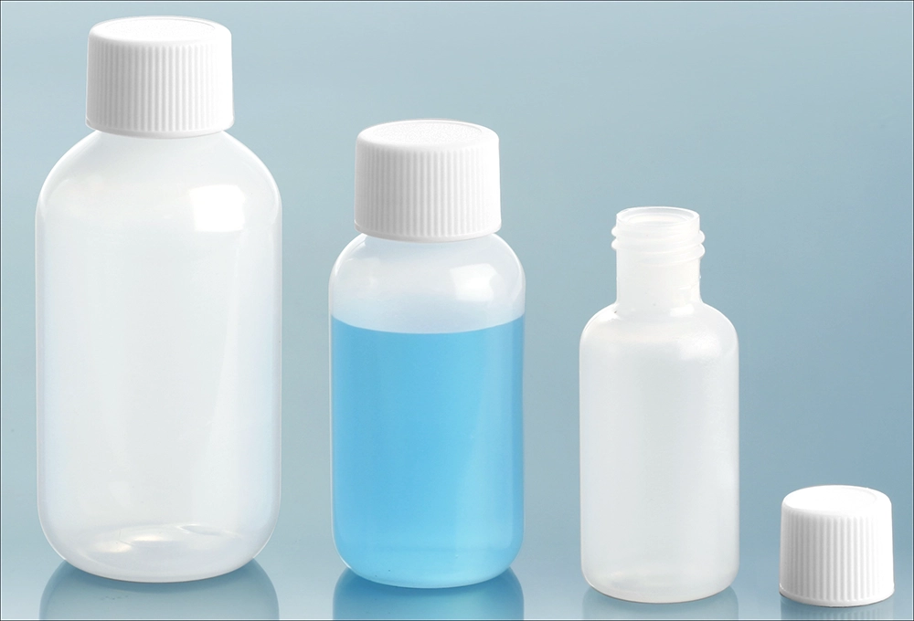 LDPE Plastic Bottles, Natural Boston Round Bottles w/ White Screw Caps