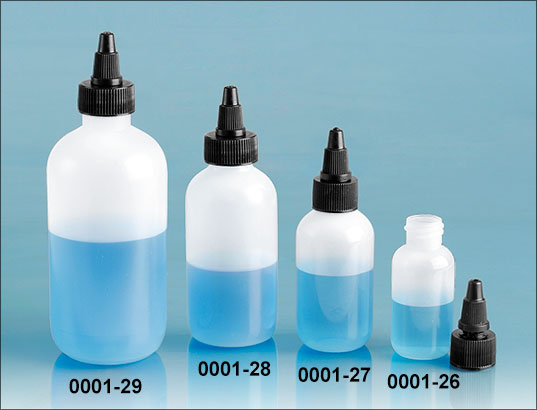 Plastic Bottles, Natural LDPE Boston Round Bottles w/ Black Twist Top Caps