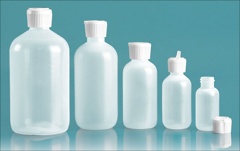 LDPE Plastic Bottles, Natural Boston Round Bottles w/ Flip Top Spout Caps