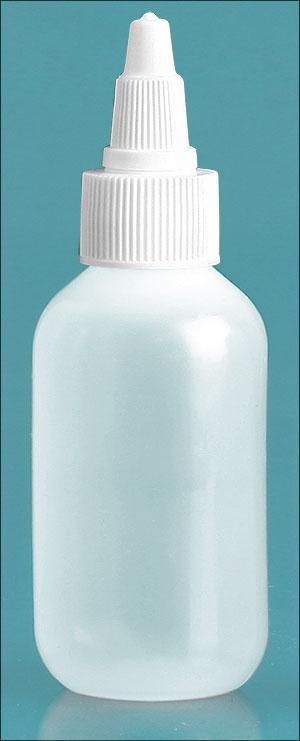 Plastic Bottles, Natural LDPE Boston Round Bottles w/ White Twist Top Caps