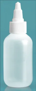 LDPE Plastic Bottles, Natural Boston Round Bottles w/ White Twist Top Caps