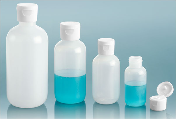 LDPE Plastic Bottles, Natural Boston Round Bottles w/ White Ribbed Snap Caps