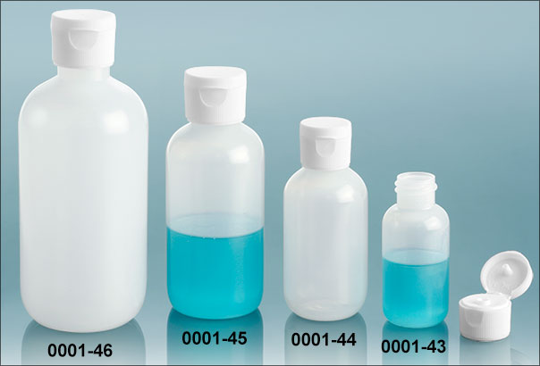 Plastic Bottles, Natural LDPE Boston Round Bottles w/ White Ribbed Snap Caps