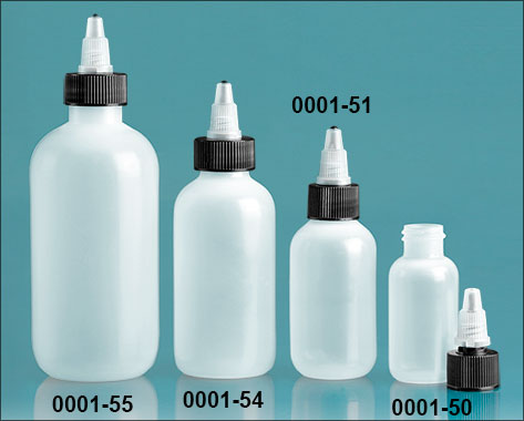 Plastic Bottles, Natural LDPE Boston Round Bottles w/ Black/ Natural Twist Top Caps