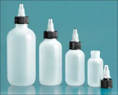 LDPE Plastic Bottles, Natural Boston Round Bottles w/ Black/ Natural Twist Top Caps
