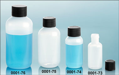 Plastic Bottles, Natural LDPE Boston Round Bottles w/ Black Lined Screw Caps