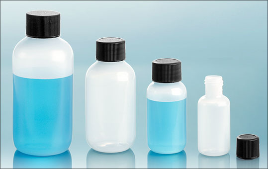 LDPE Plastic Bottles, Natural Boston Round Bottles w/ Black Lined Screw Caps