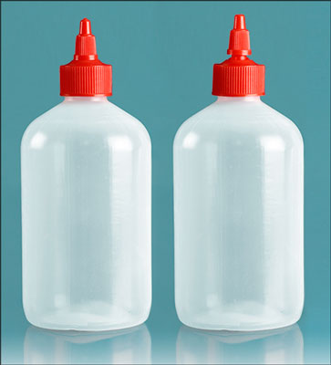 Plastic Bottles, Natural LDPE Boston Round Bottles With Red Twist Top Caps