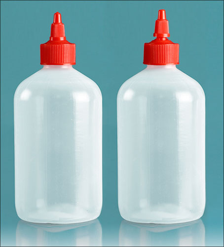 LDPE Plastic Bottles, Natural Boston Round Bottles with Red Twist Top Caps