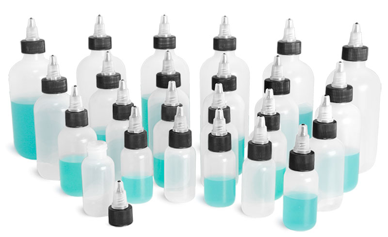 Plastic Bottles, Natural LDPE Boston Round Bottles w/ Black/Natural Twist Top Caps