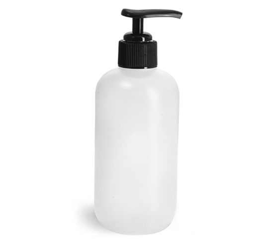 HDPE Plastic Bottles, Natural Boston Round Bottles w/ Black Pumps
