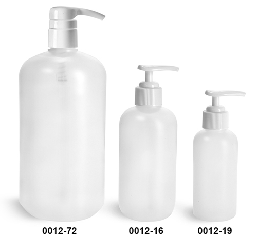 Plastic Bottles, Natural HDPE Boston Round Bottles w/ White Pumps