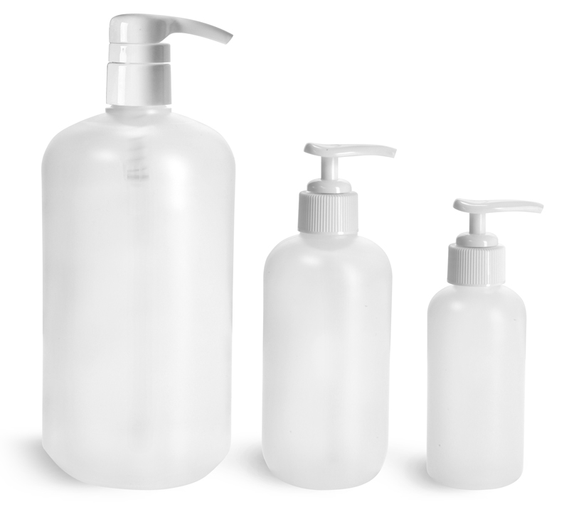 HDPE Plastic Bottles, Natural Boston Round Bottles w/ White Pumps