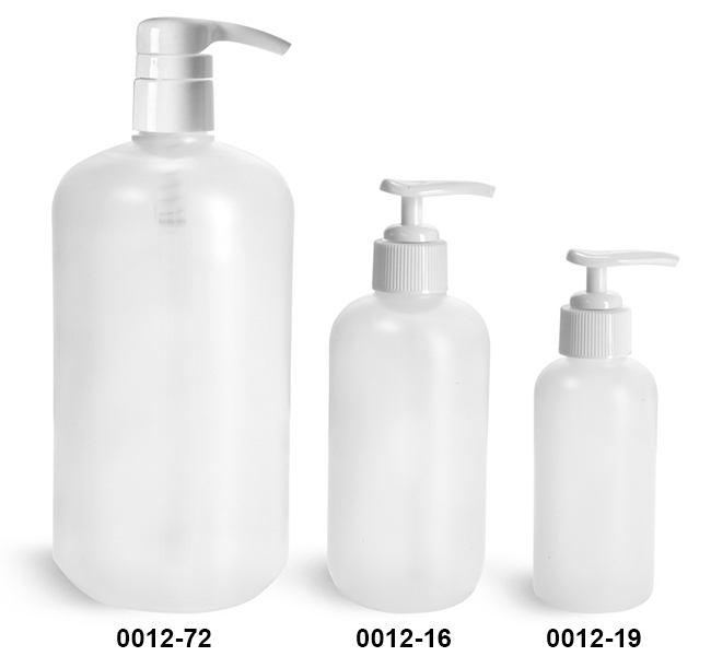 Plastic Bottles, Natural HDPE Boston Round Bottles w/ White Pumps