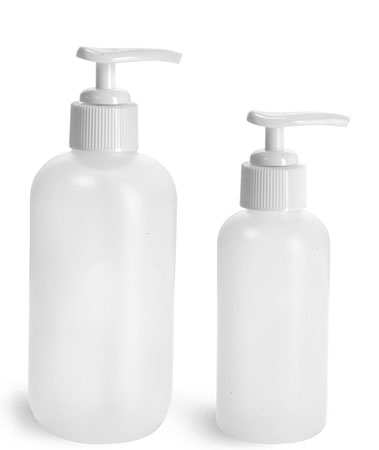 HDPE Plastic Bottles, Natural Boston Round Bottles w/ Ribbed White Pumps