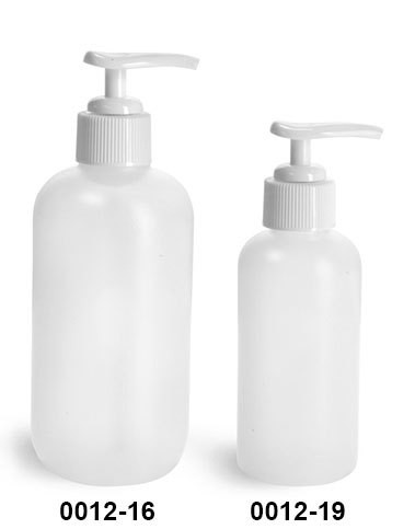 Plastic Bottles, Natural HDPE Boston Round Bottles w/ Ribbed White Pumps