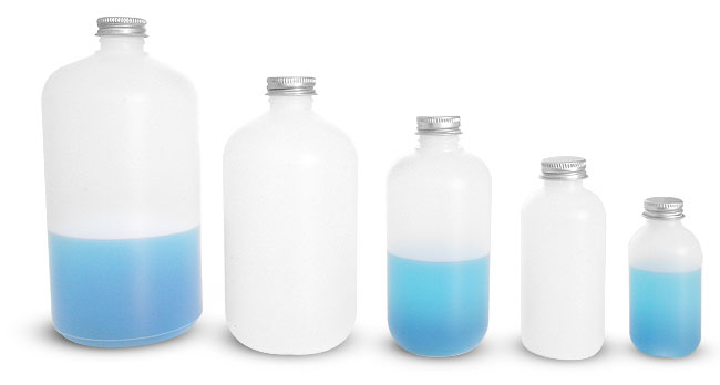 Natural HDPE Boston Round Bottles w/ Silver Aluminum PE Lined Caps