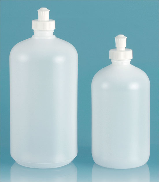 Natural HDPE Boston Round Bottles w/ White Push/Pull Caps