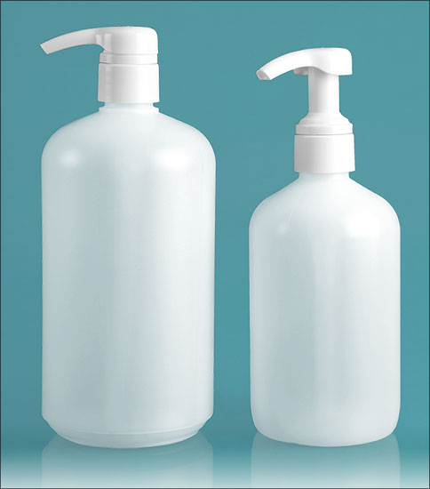 HDPE Plastic Bottles, Natural Boston Round Bottles w/ Smooth White 4 cc Lotion Pumps