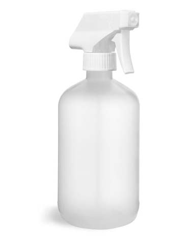 HDPE Plastic Bottles, Natural Boston Round Bottles w/ White Trigger Sprayers  