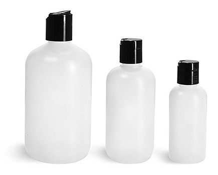 Plastic Bottles, Natural HDPE Boston Round Bottles w/ Black Disc Top Caps