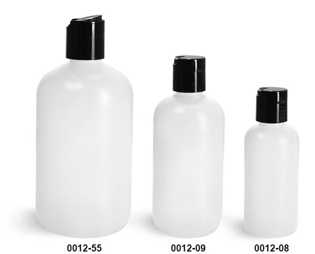 Plastic Bottles, Natural HDPE Boston Round Bottles w/ Black Disc Top Caps