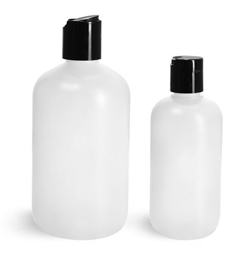 HDPE Plastic Bottles, Natural Boston Round Bottles w/ Black Disc Top Caps