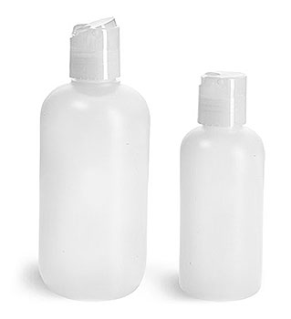 Plastic Bottles, Natural HDPE Boston Rounds w/ Natural Disc Top Caps