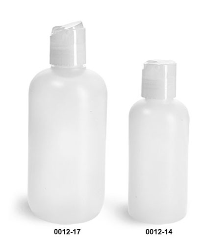 Plastic Bottles, Natural HDPE Boston Rounds w/ Natural Disc Top Caps