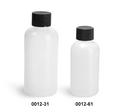 Plastic Bottles, Natural HDPE Boston Round Bottles w/ Black Lined Screw Caps