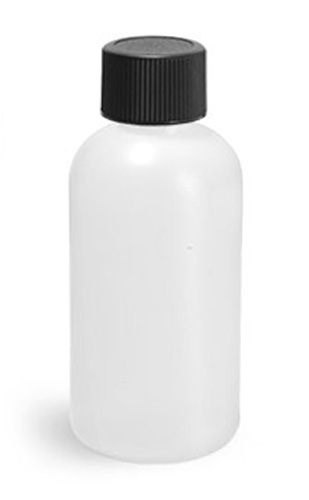HDPE Plastic Bottles, Natural Boston Round Bottles w/ Black Lined Screw Caps