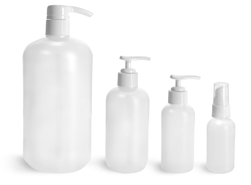 Natural HDPE Boston Round Bottles w/ White Pumps