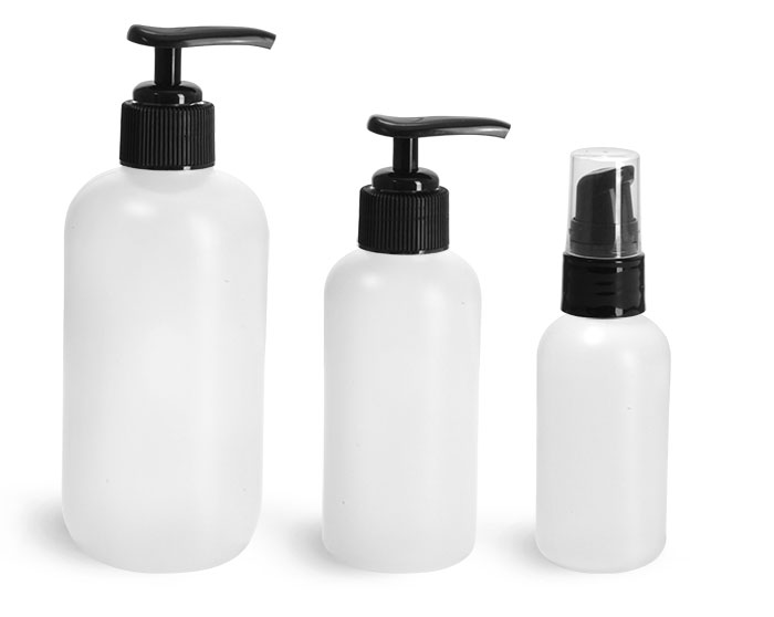 Natural HDPE Boston Round Bottles w/ Black Treatment Pumps