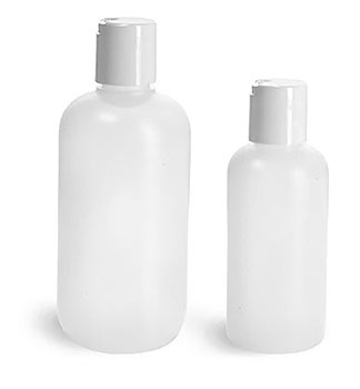 Plastic Bottles, Natural HDPE Boston Round Bottles w/ White Disc Top Caps