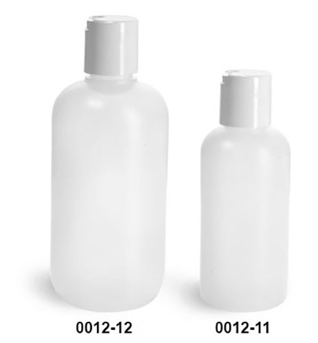 Plastic Bottles, Natural HDPE Boston Round Bottles w/ White Disc Top Caps