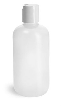 Plastic Bottles, Natural HDPE Boston Round Bottles w/ White Disc Top Caps