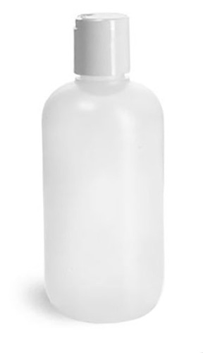 HDPE Plastic Bottles, Natural Boston Round Bottles w/ White Disc Top Caps