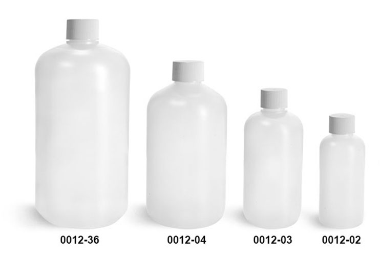 Plastic Bottles, Natural HDPE Boston Round Bottles w/ White Lined Screw Caps