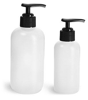 Plastic Bottles, Natural HDPE Boston Round Bottles w/ Black Pumps