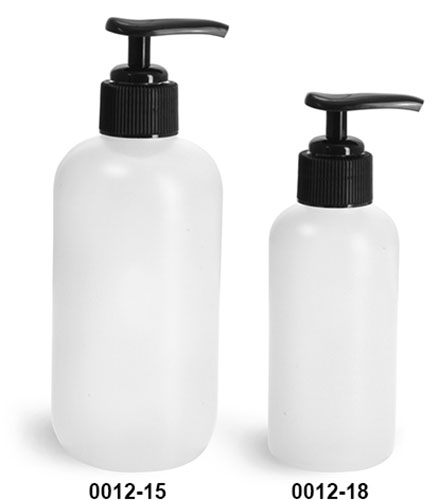 Plastic Bottles, Natural HDPE Boston Round Bottles w/ Black Pumps