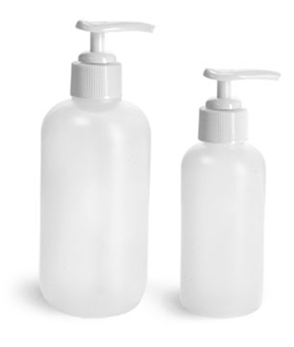 HDPE Plastic Bottles, Natural Boston Round Bottles w/ White Pumps